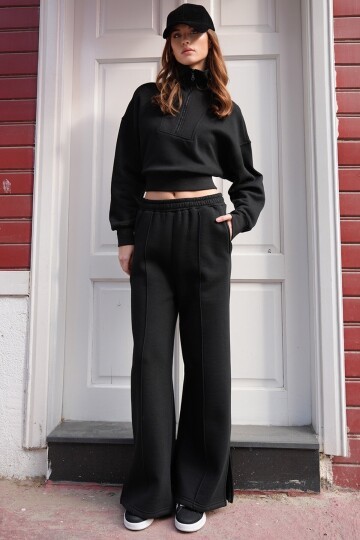 Yarım Fermuarlı Dik Yaka Bluz Ve 3 Cepli Önü Çımalı Palazzo Pantolon Takım