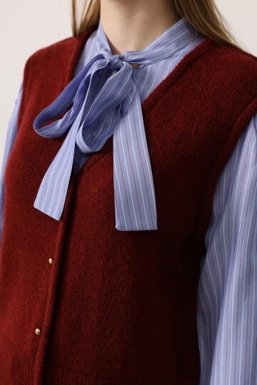 Yelek Detaylı Çizgili Bağlamalı Gömlek