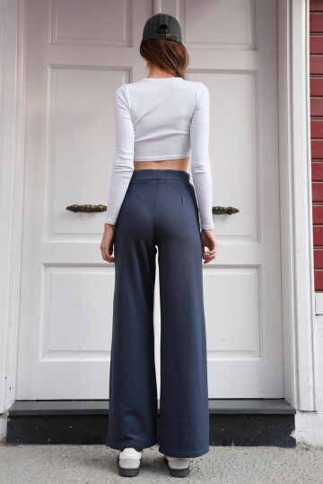 Yüksek Bel Beli Lastikli Çımalı Palazzo Pantolon