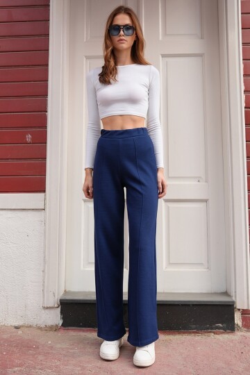 Yüksek Bel Beli Lastikli Çımalı Palazzo Pantolon