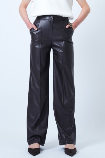 Yüksek Bel Nervür Dikişli Deri Palazzo Pantolon