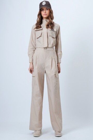 Hakim Yaka Çift Kapak Cepli Ceket Ve Bol Paça Pantolon Takım