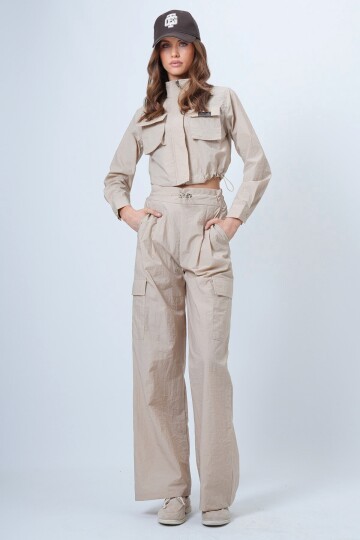 Hakim Yaka Çift Kapak Cepli Ceket Ve Bol Paça Pantolon Takım