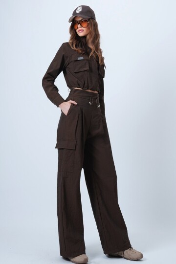 Hakim Yaka Çift Kapak Cepli Ceket Ve Bol Paça Pantolon Takım