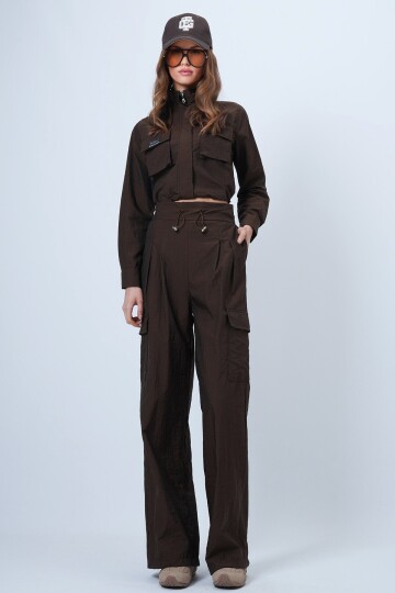 Hakim Yaka Çift Kapak Cepli Ceket Ve Bol Paça Pantolon Takım