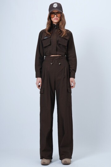 Hakim Yaka Çift Kapak Cepli Ceket Ve Bol Paça Pantolon Takım