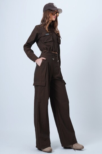 Hakim Yaka Çift Kapak Cepli Ceket Ve Bol Paça Pantolon Takım