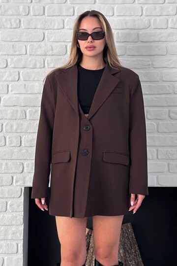 Asimetrik Kesim Düğme Kapamalı Cep Kapaklı Blazer Ceket