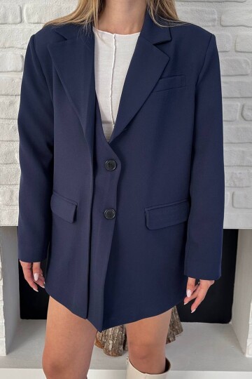Asimetrik Kesim Düğme Kapamalı Cep Kapaklı Blazer Ceket