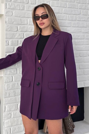 Asimetrik Kesim Düğme Kapamalı Cep Kapaklı Blazer Ceket