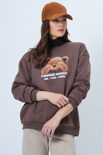 Ayıcık Baskılı Bisiklet Yaka Sweatshirt