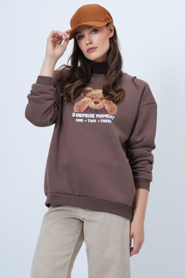 Ayıcık Baskılı Bisiklet Yaka Sweatshirt