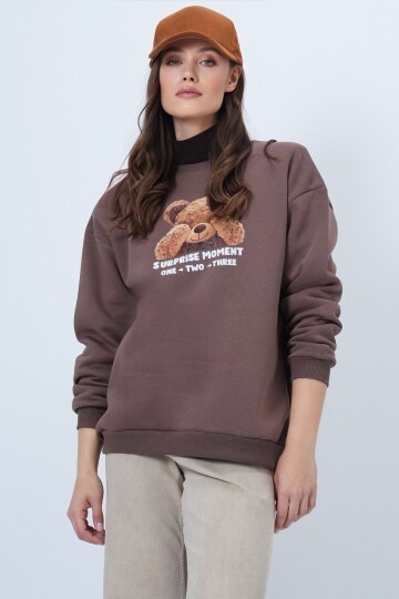 Ayıcık Baskılı Bisiklet Yaka Sweatshirt
