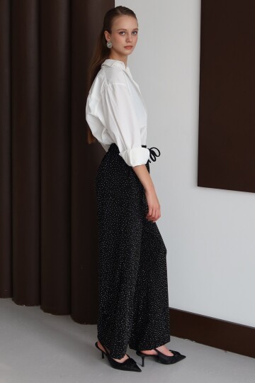 Bağcıklı Çift Cepli Taş İşlemeli Palazzo Pantolon