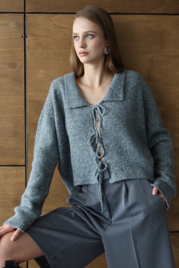 Bağlama Detaylı Polo Yaka Triko Hırka