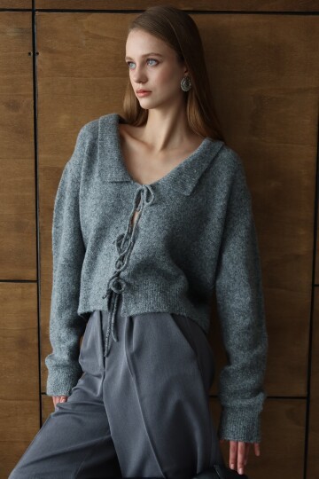 Bağlama Detaylı Polo Yaka Triko Hırka