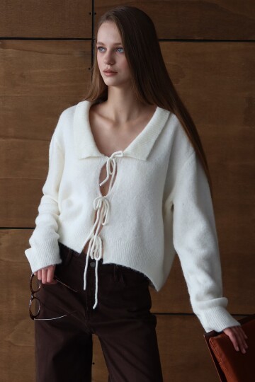 Bağlama Detaylı Polo Yaka Triko Hırka