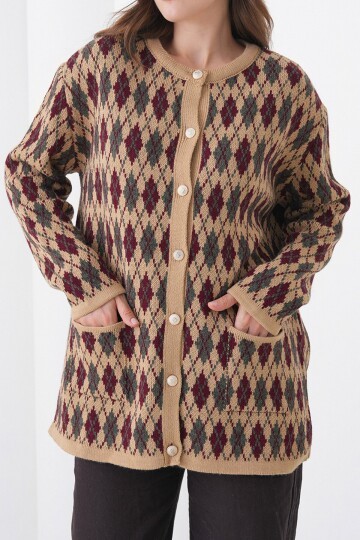 Baklava Desenli Düğmeli Cepli Triko Hırka