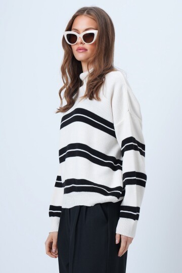 Balıkçı Yaka Kalom Çizgili Uzun Kollu Triko Kazak