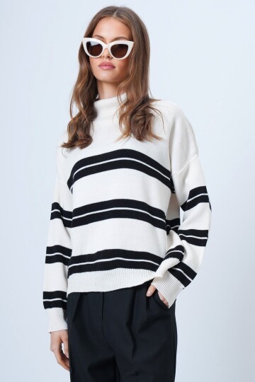 Balıkçı Yaka Kalom Çizgili Uzun Kollu Triko Kazak