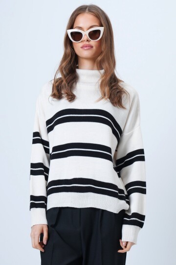 Balıkçı Yaka Kalom Çizgili Uzun Kollu Triko Kazak