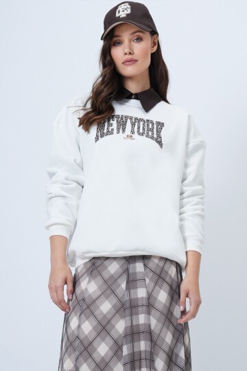 Baskılı Bisiklet Yaka 3 İplik Sweatshirt