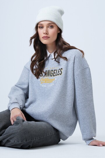 Baskılı Bisiklet Yaka Oversize Sweatshirt