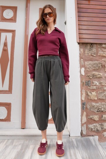 Beli Lastikli Balon Kesim Gabardin Pantolon