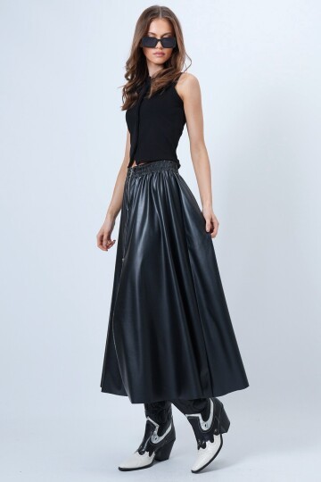 Beli Lastikli Fermuarlı Suni Deri Etek