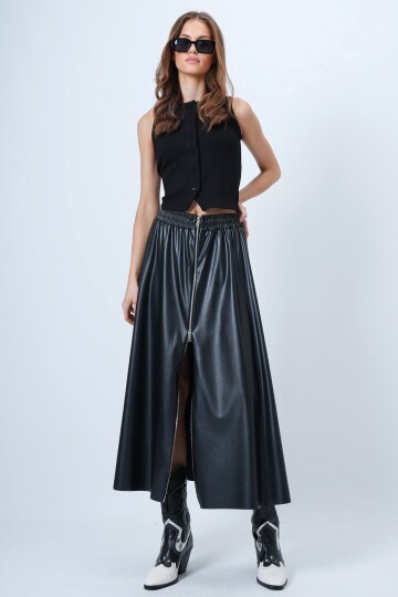 Beli Lastikli Fermuarlı Suni Deri Etek