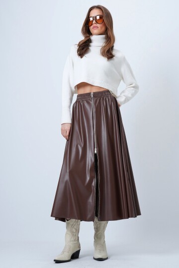 Beli Lastikli Fermuarlı Suni Deri Etek