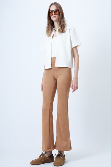 Beli Lastikli İspanyol Paça Süet Pantolon