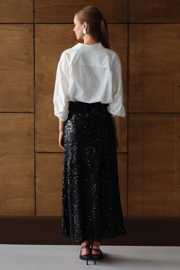 Beli Lastikli Taş İşlemeli Midi Boy Etek