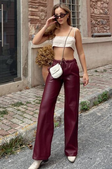 Beli Lastikli ve Bağcıklı Suni Deri Palazzo Pantolon