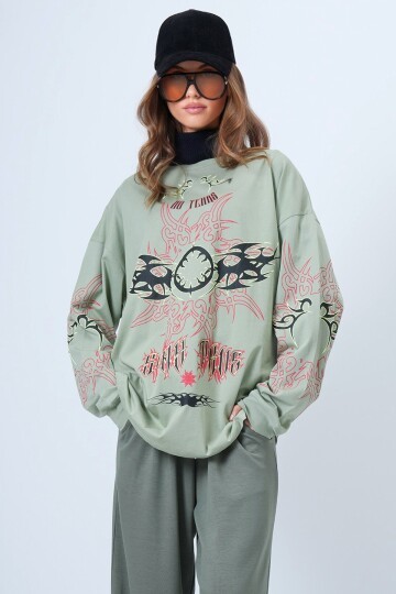 Unisex Bisiklet Yaka Baskılı sweatshirt