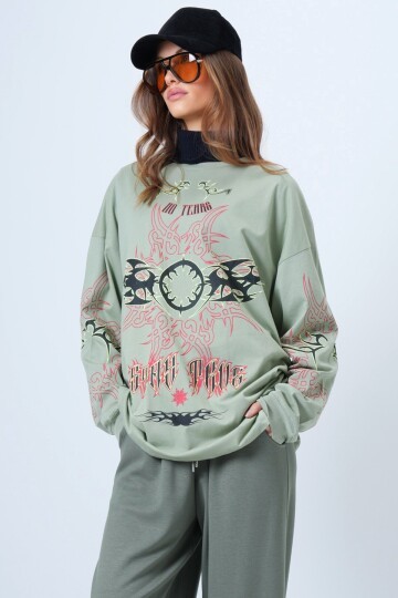 Unisex Bisiklet Yaka Baskılı sweatshirt