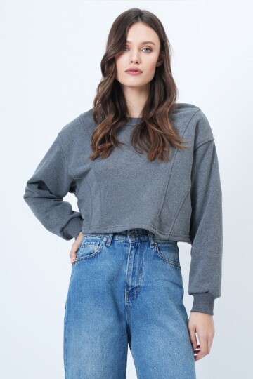 Bisiklet Yaka Dikiş Detaylı Crop Sweatshirt