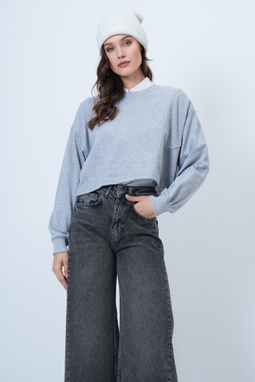 Bisiklet Yaka Dikiş Detaylı Crop Sweatshirt