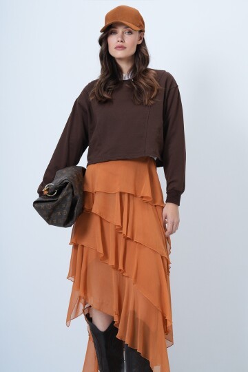 Bisiklet Yaka Dikiş Detaylı Crop Sweatshirt