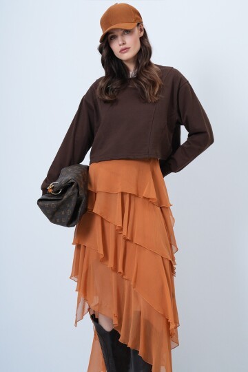 Bisiklet Yaka Dikiş Detaylı Crop Sweatshirt