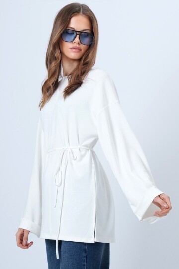 Bisiklet Yaka Duble Kol Yanı Çımalı Yırtmaçlı Bluz