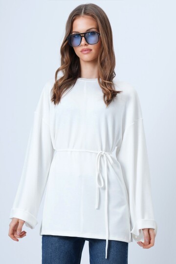 Bisiklet Yaka Duble Kol Yanı Çımalı Yırtmaçlı Bluz