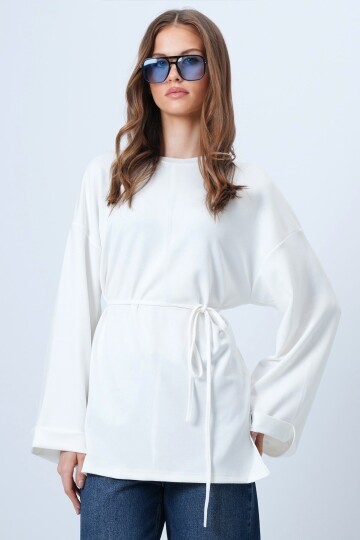 Bisiklet Yaka Duble Kol Yanı Çımalı Yırtmaçlı Bluz