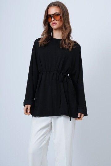 Bisiklet Yaka Duble Kol Yanı Çımalı Yırtmaçlı Bluz