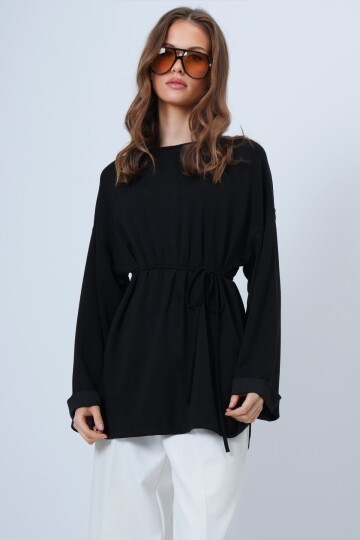 Bisiklet Yaka Duble Kol Yanı Çımalı Yırtmaçlı Bluz