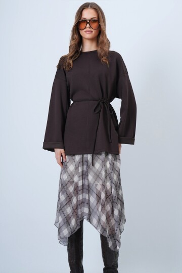 Bisiklet Yaka Duble Kol Yanı Çımalı Yırtmaçlı Bluz