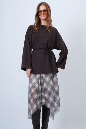 Bisiklet Yaka Duble Kol Yanı Çımalı Yırtmaçlı Bluz