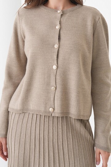 Bisiklet Yaka Düğmeli Hırka ve Pliseli Midi Boy Etek Takım