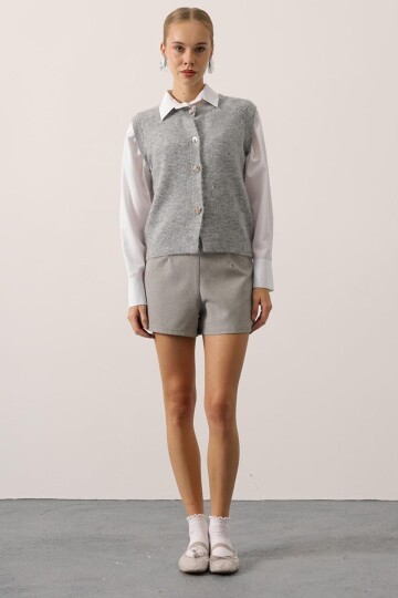 Bisiklet Yaka Düğmeli Kolsuz Triko Bluz