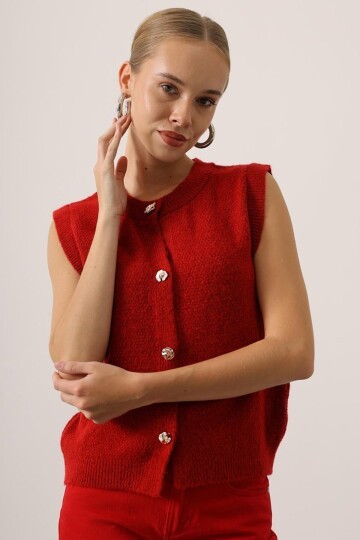 Bisiklet Yaka Düğmeli Kolsuz Triko Bluz